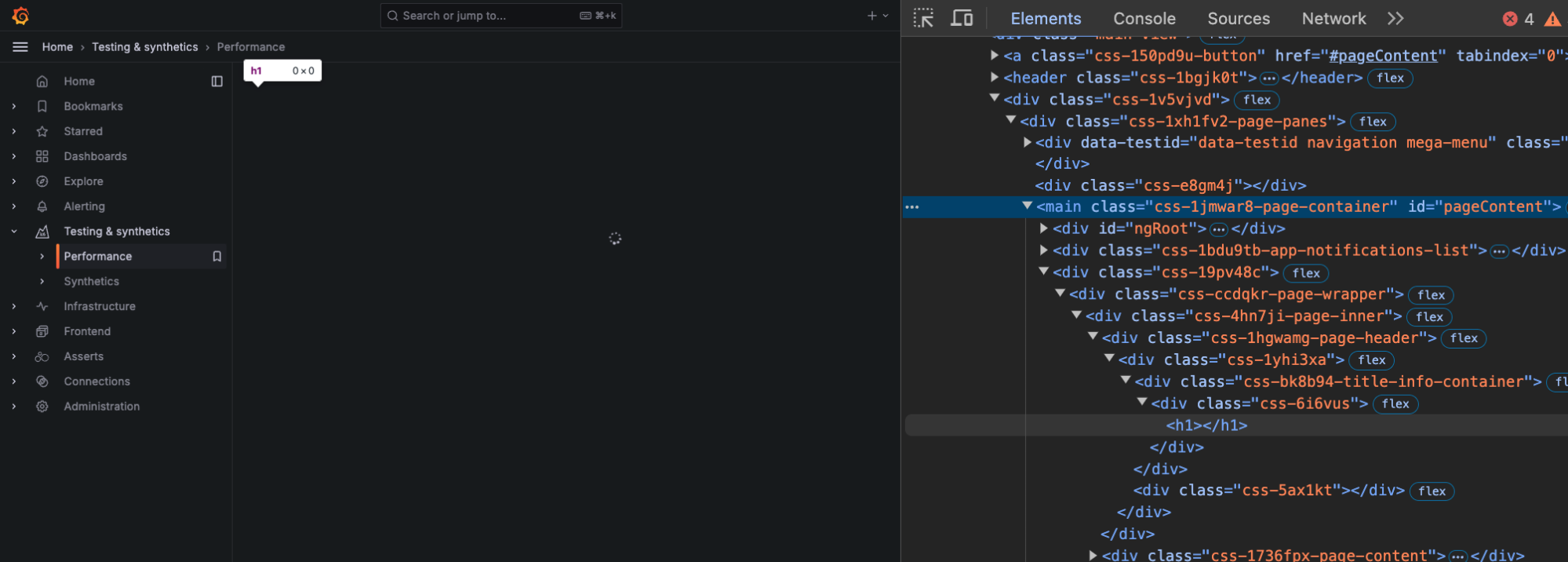 A screenshot of debugging Grafana with Chrome DevTools. The screen is split in two with Grafana displayed on the left with an h1 with 0 width and 0 height highlighted and on the right is the elements panel displaying the DOM tree. The h1 contains no text content.