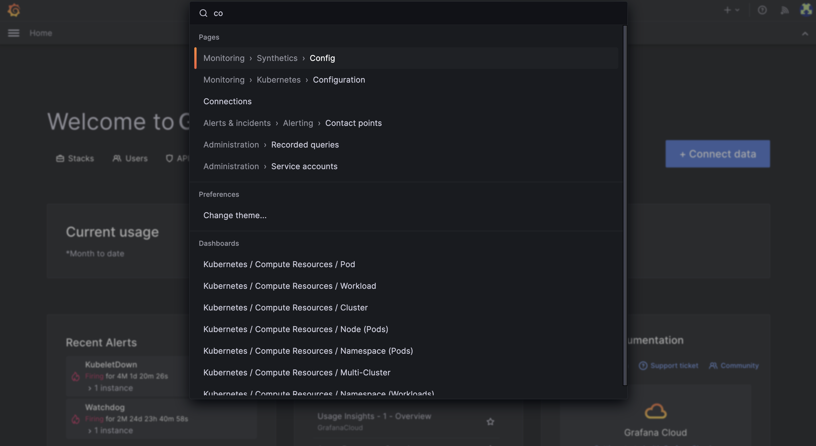 Screenshot of the command palette in the Grafana Cloud UI.