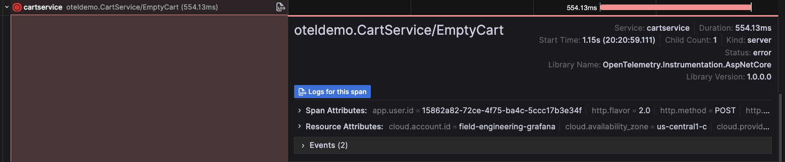 A screenshot of the Logs for this span button.