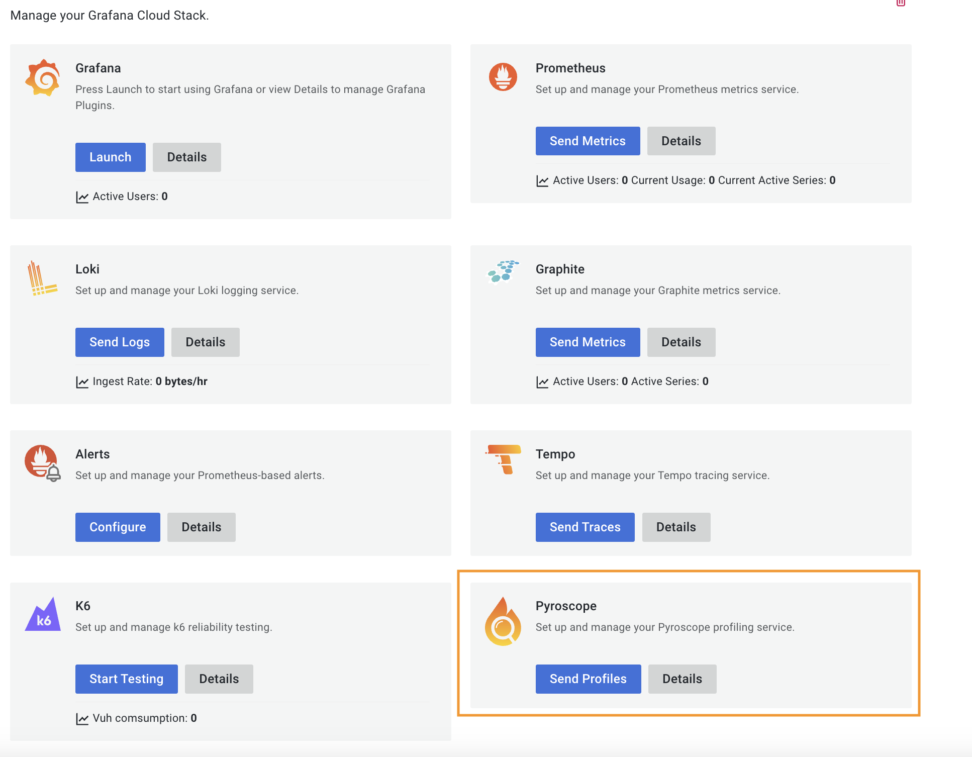Screenshot of Grafana Cloud UI highlighting Pyroscope.