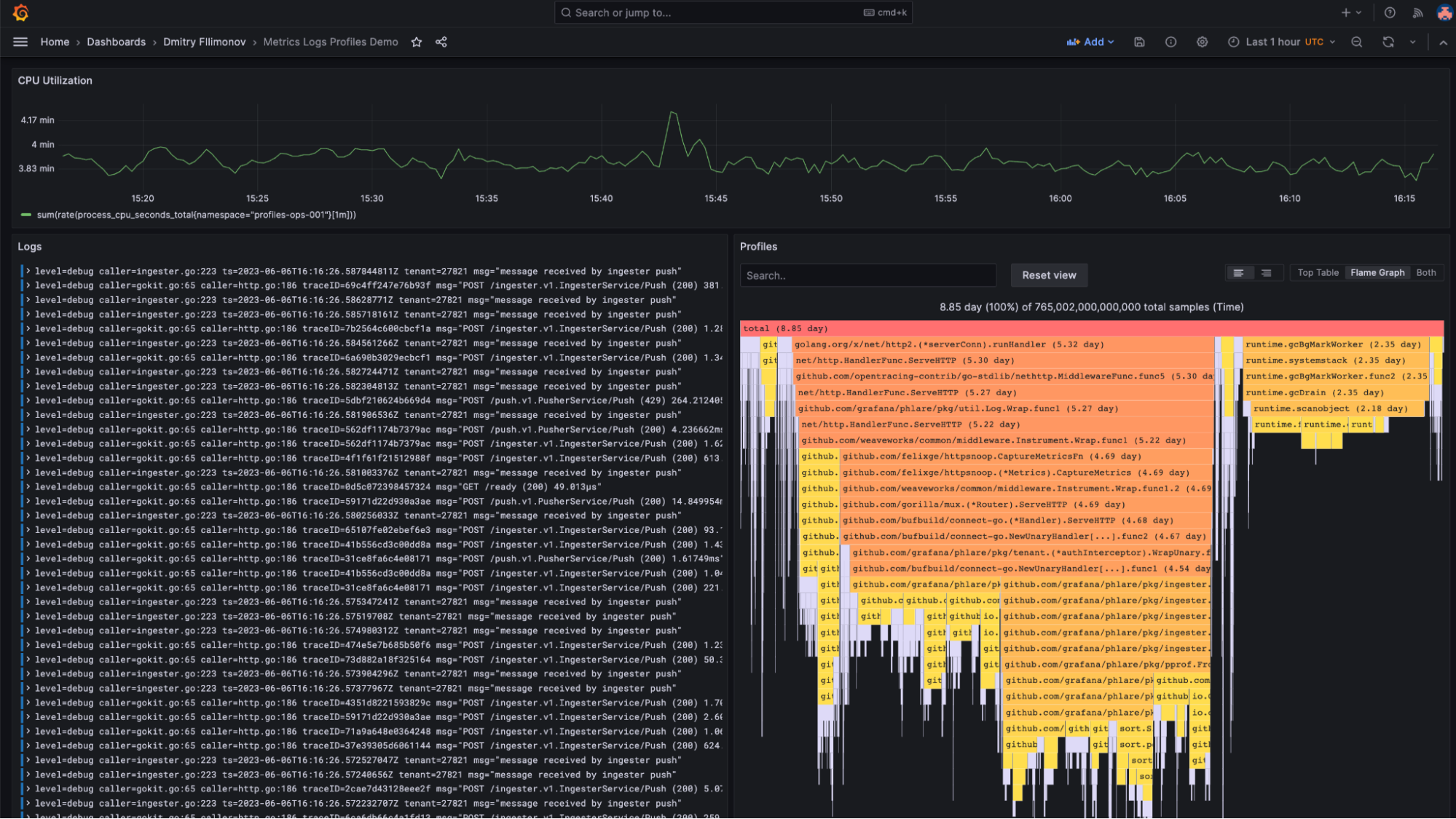 Screenshot of flame graph in Grafana.