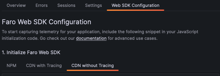 A screenshot of the Faro Web SDK configuration page
