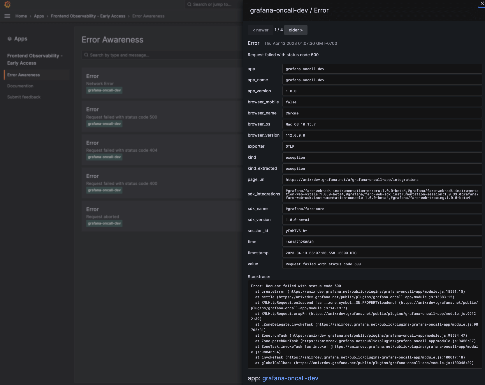 Screenshot of error events in Grafana Cloud Frontend Observability