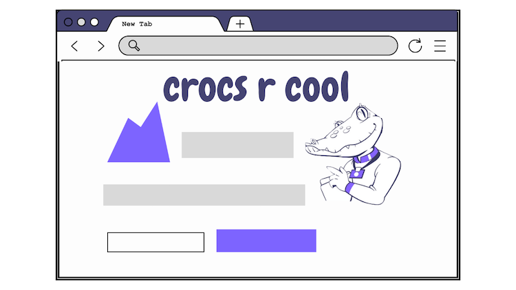 *In frontend testing, you're looking at how components of the UI respond.* An illustration of a web browser shows a 'crocs r cool' page that displays page features that would be covered by frontend performance testing.