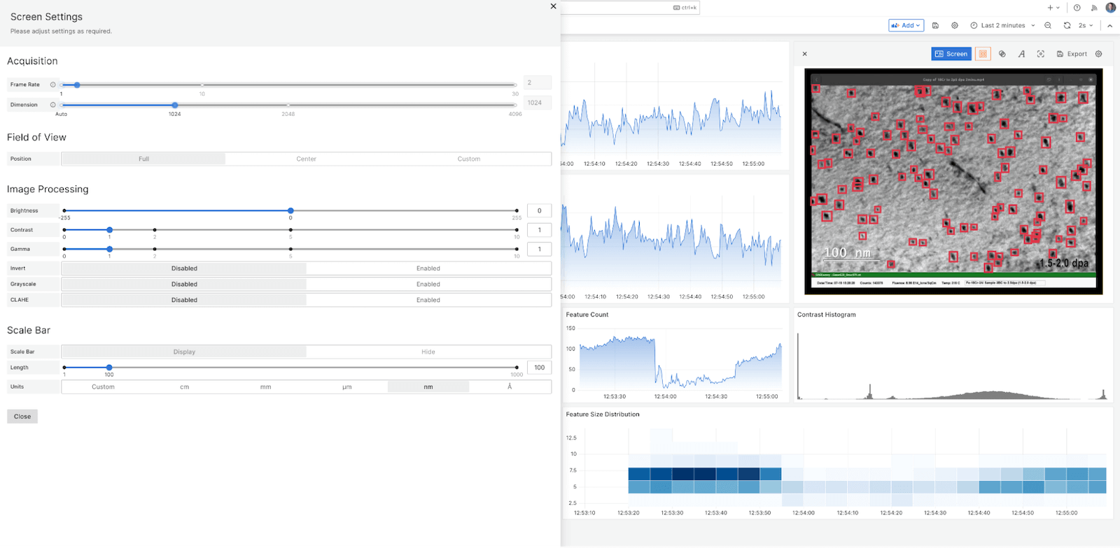 *Fig. 5: The Acquisition configuration drawer from the Acquisition panel (behind drawer), sliding out from the left and appearing side-by-side with the Vision panel so users can obtain immediate feedback on tuning acquisition and image processing parameters as related to the real-time image analysis.* A screenshot of the Acquisition configuration drawer from the Acquisition panel, sliding out from the left and appearing side-by-side with the Vision panel.