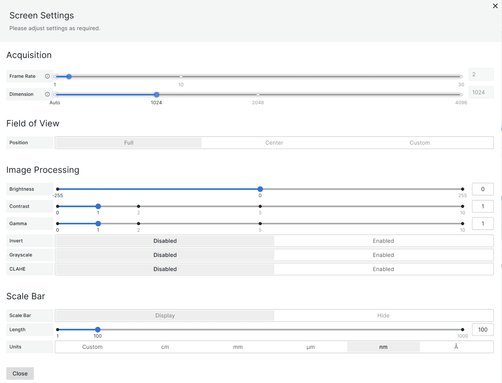 *Fig. 3: The drawer that slides out from the left of the scientific-focused dashboard for real-time acquisition and image analysis. Power user controls are available in the drawer to adjust and optimize the acquisition during an experiment.* A look at the drawer that slides out from the left of the scientific-focused dashboard for real-time acquisition and image analysis.