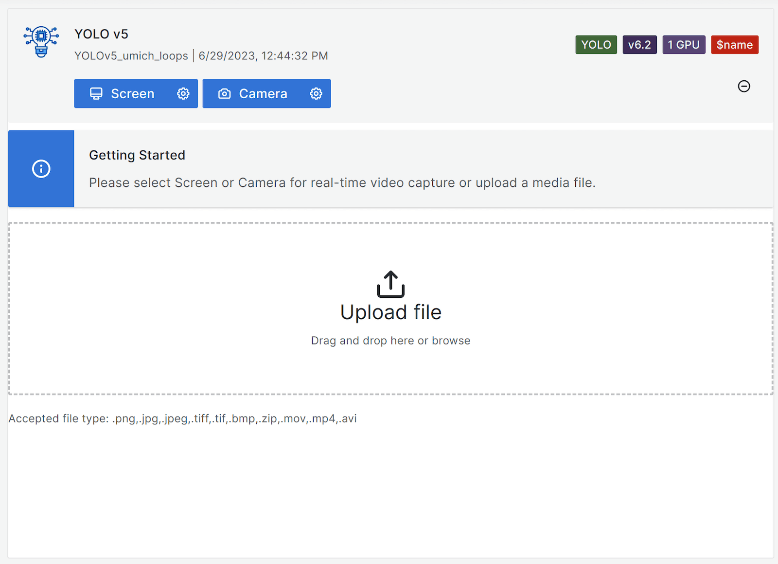 *Fig. 4: The Acquisition panel before starting an acquisition with a drop zone available to upload a single image via drag-n-drop or start a streaming acquisition of a screen or camera. Metadata about the model and device are displayed as a card and come from the Environment, Theia API, and an open source Balena-based data source.* A close look at the drop zone available to upload a single image via drag-n-drop or start a streaming acquisition of a screen or camera.