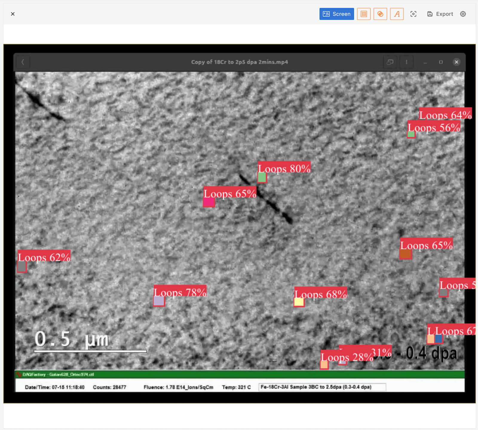 *Fig. 6: The Vision panel with customizable visualization options available in the toolbar and panel options. Here, segmentation results have been turned on, along with the class and confidence label for each bounding box. These customizations can be toggled during acquisition along with changing the bounding box colors and opacity.* A close-up look at the Vision panel showing details in an image highlighted with bounding boxes along with class and confidence labels for each.
