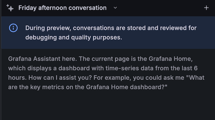 Grafana Assistant introducing itself, describing the current page, and offering a suggested question about key metrics in the Grafana Home dashboard