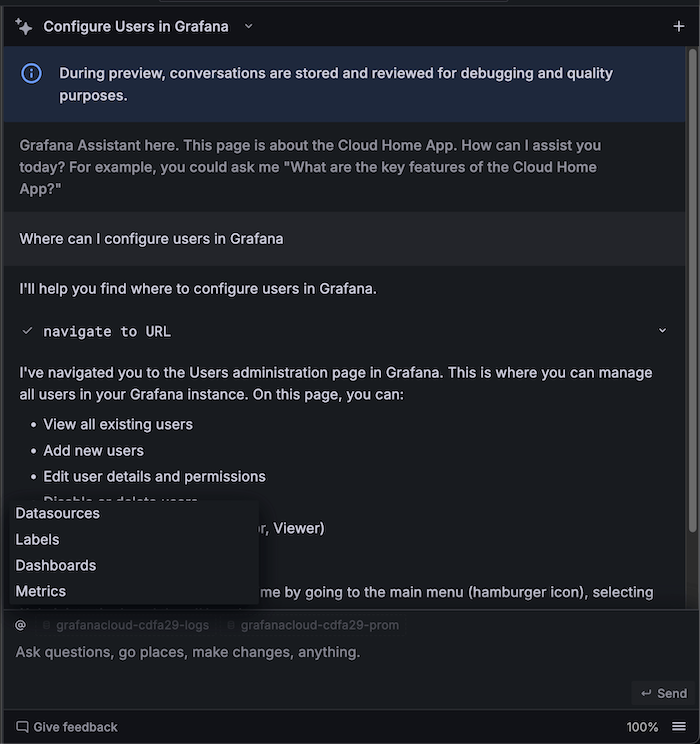 Pop up menu for adding context for specific datasources, labels, dashboards, or metrics