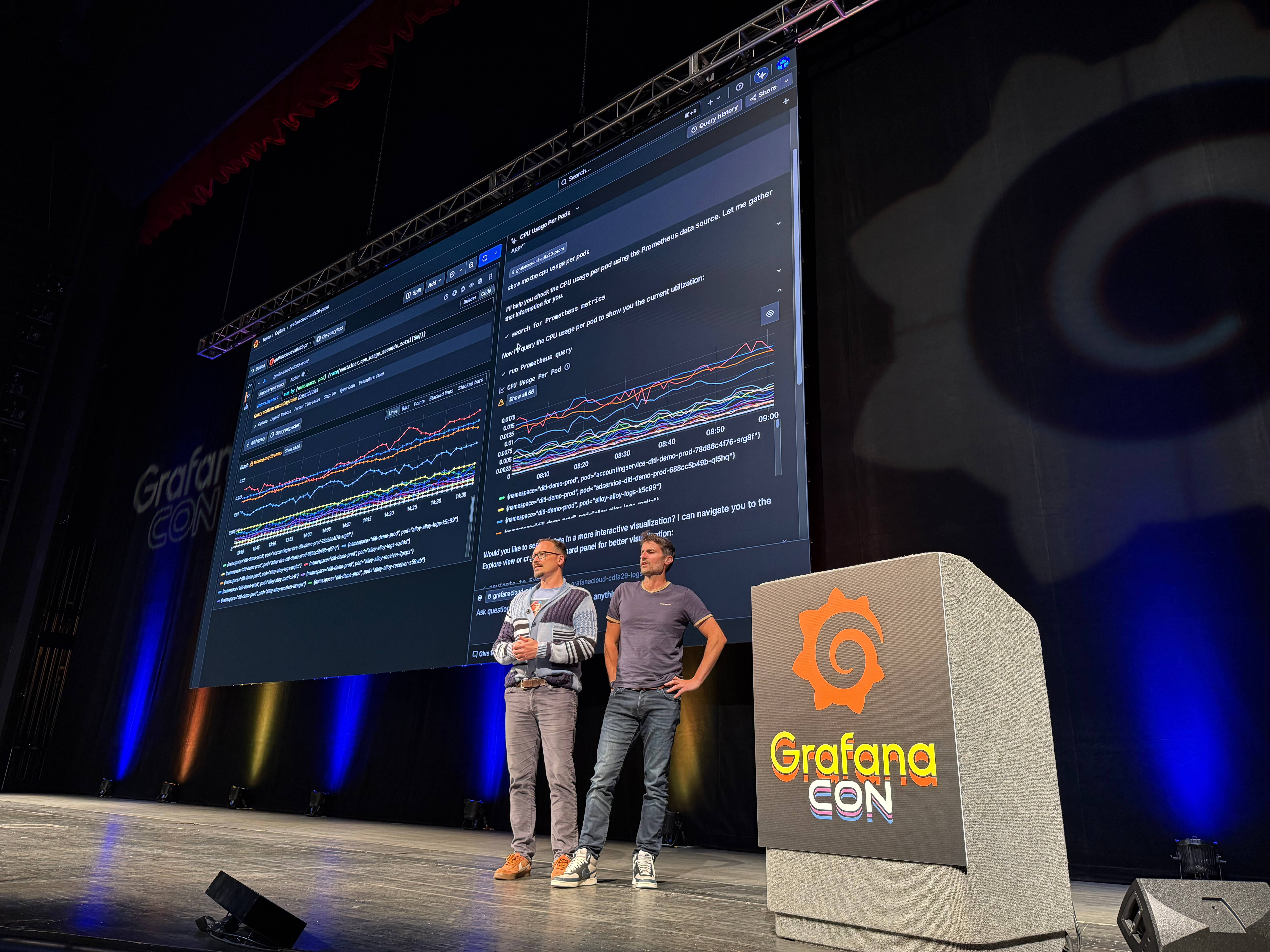 *Mat and Cyril on stage at GrafanaCON 2025* A photo of Mat and Cyril on stage at GrafanaCON 2025