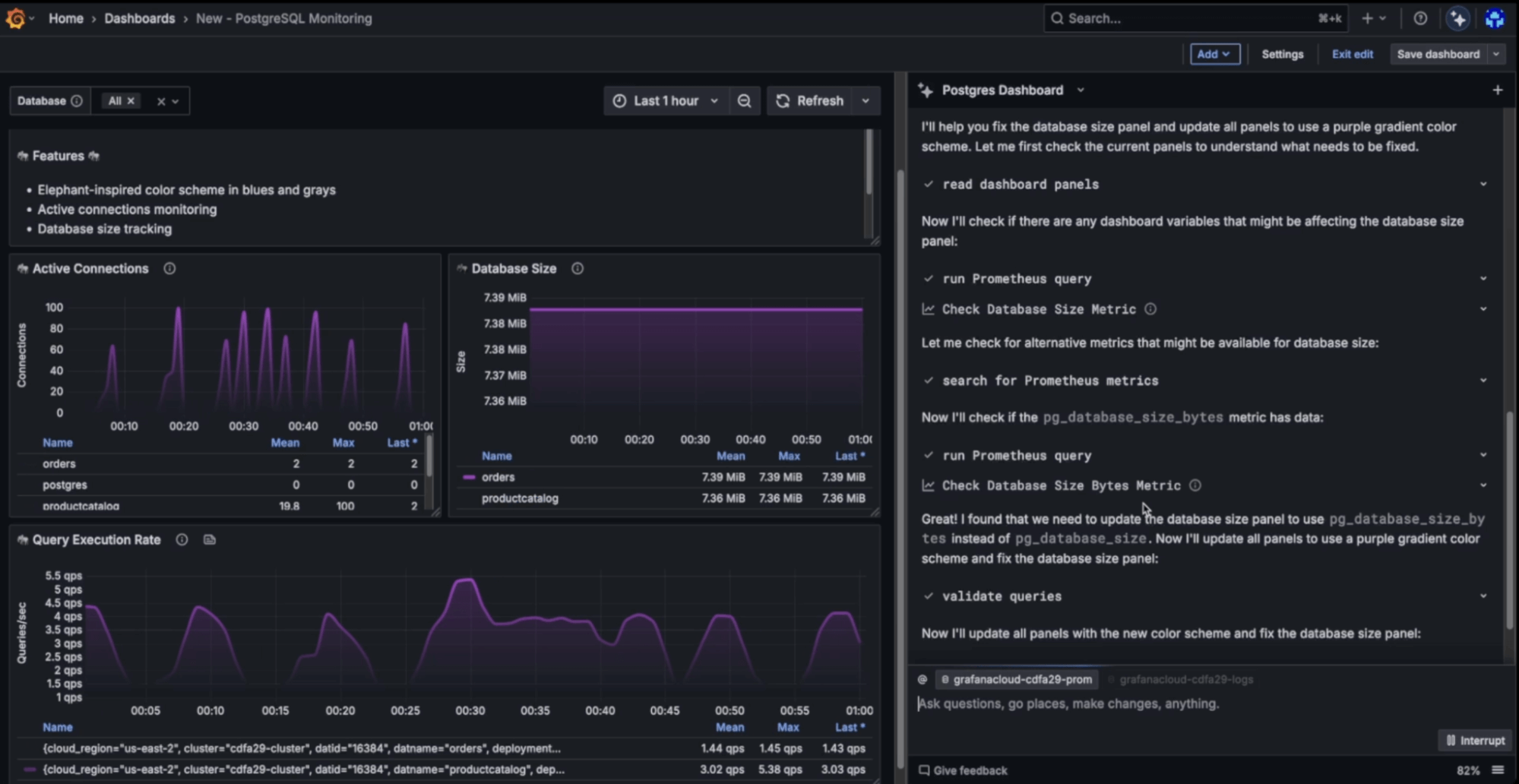 A Grafana dashboard after Grafana Assistant fixed a panel and made a bulk change so all panels are purple