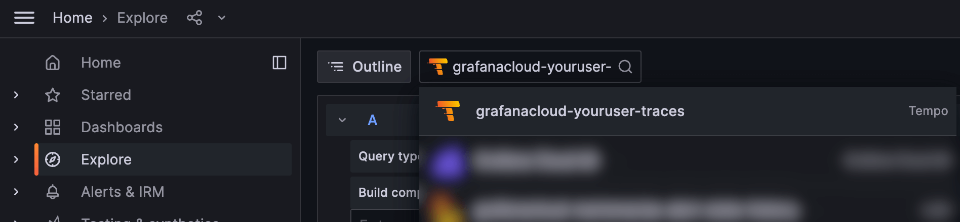 Select the data source for the traces in the Explore section.