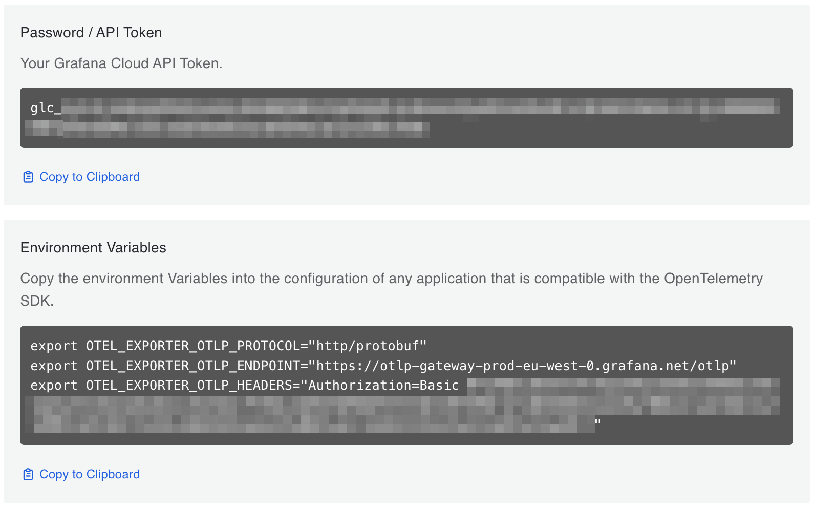 Grafana Cloud API token and Environment Variables.