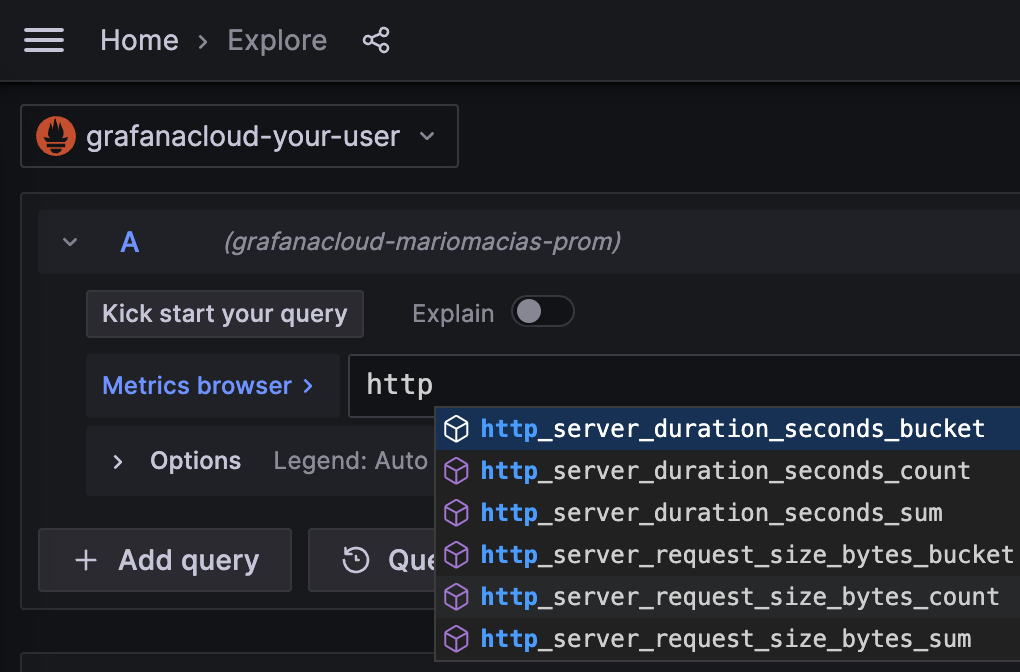 Screenshot of metrics browser in Grafana Cloud