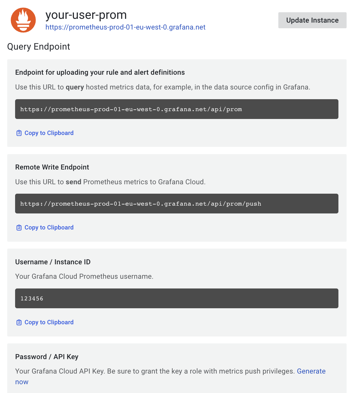 Screenshot of Grafana Cloud UI to set up Prometheus end point