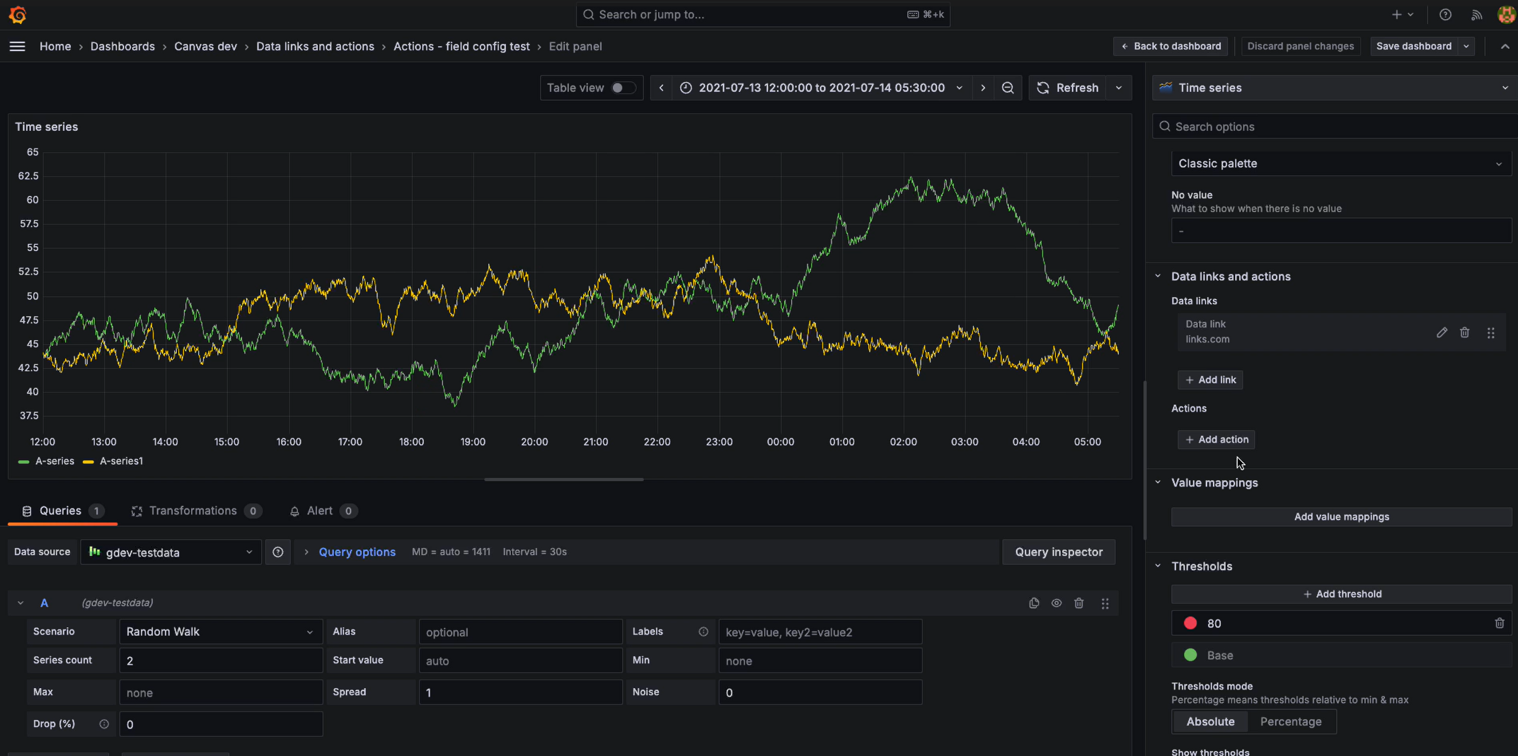 A screenshot showing how to add actions to visualizations.