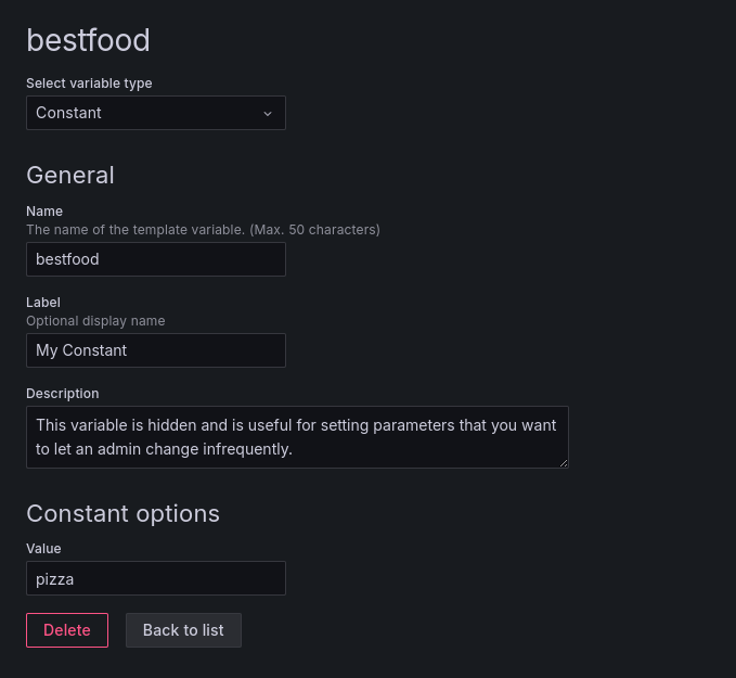 *A constant variable can’t be changed when viewing the dashboard. The value set here is what will be used in your queries.* A screenshot of a constant variable.