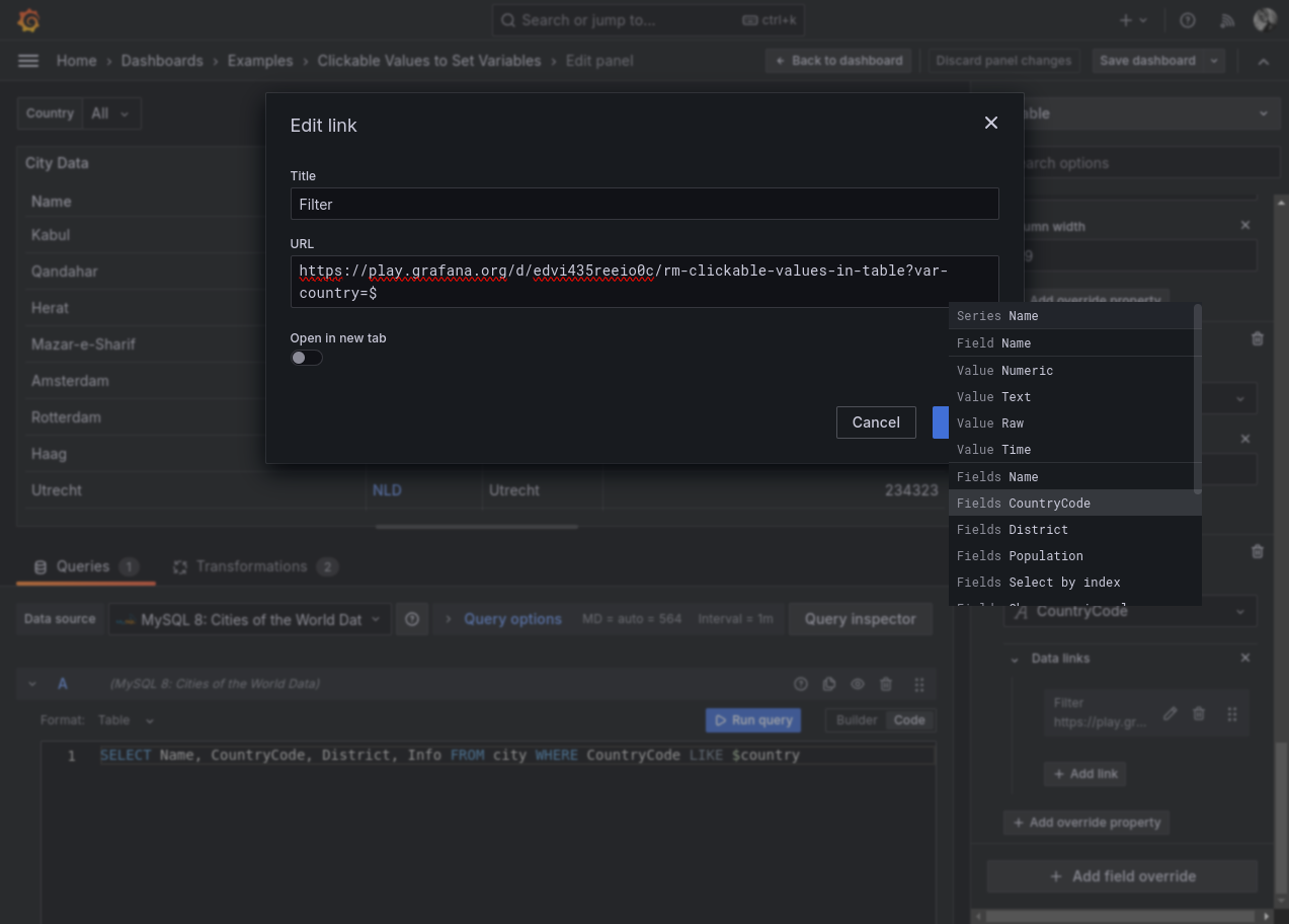 A screenshot of a field override.