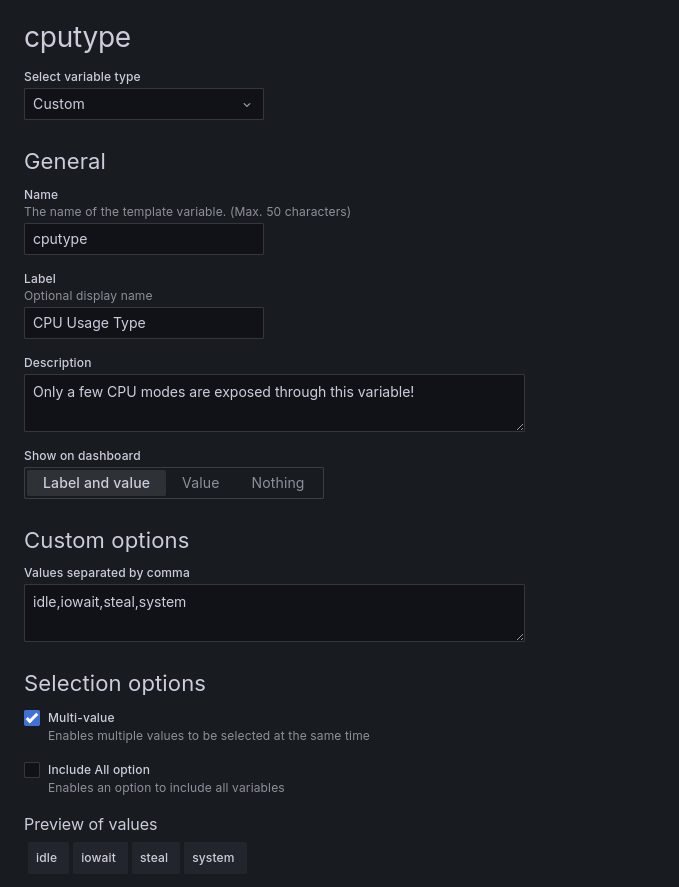 *A custom variable defining four possible values to select from.* A screenshot of a custom variable.