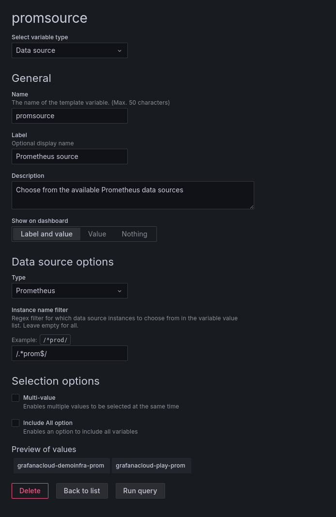 *An example data source variable that selects Prometheus backends. Note that this is filtered with a regular expression to show only data sources whose names end with “prom.”* A screenshot of a data source variable.