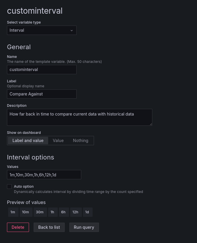 *Interval variables can be set to time ranges that make sense for your data. They use the same syntax for selecting time ranges as the default time picker.* A screenshot of an interval variable.
