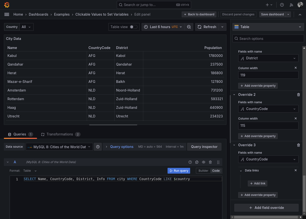 A screenshot showing example variables in queries.