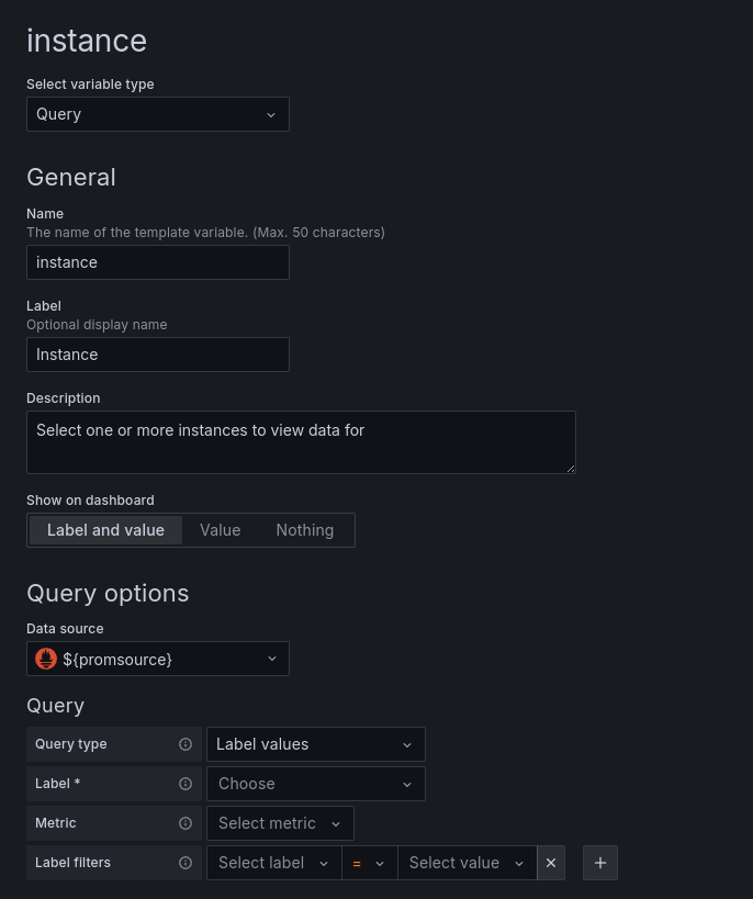 *A query variable that selects label values from Prometheus. This will return all of the label values for a selected label.* A screenshot of a query variable.