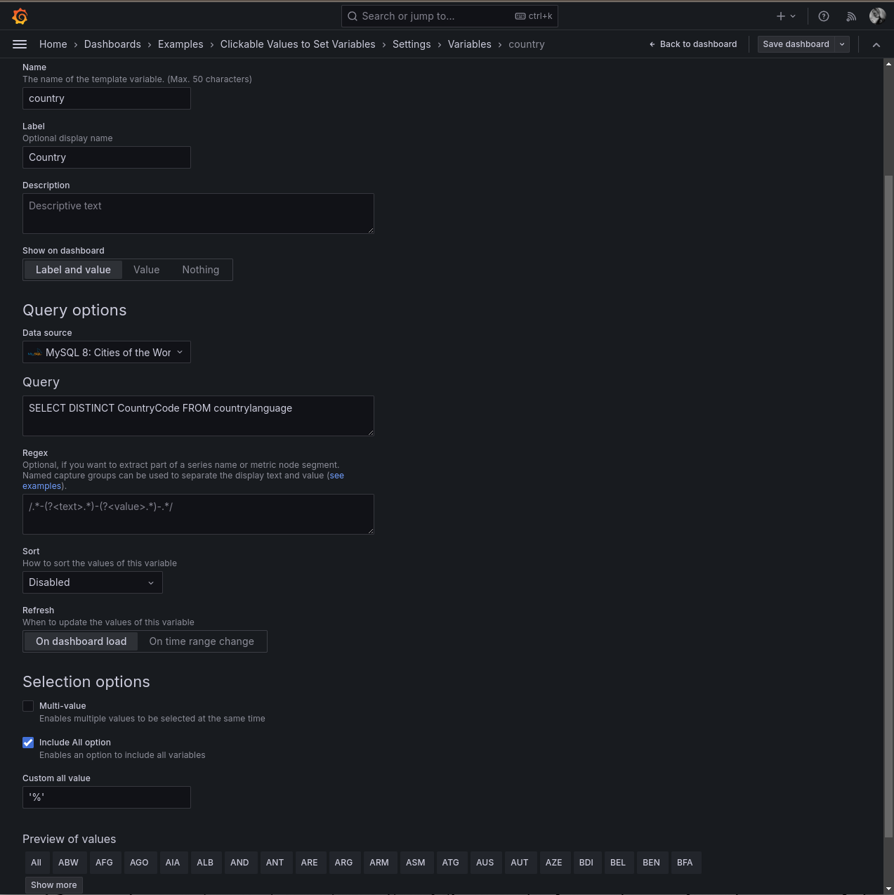 A screenshot of variables for an example dashboard.
