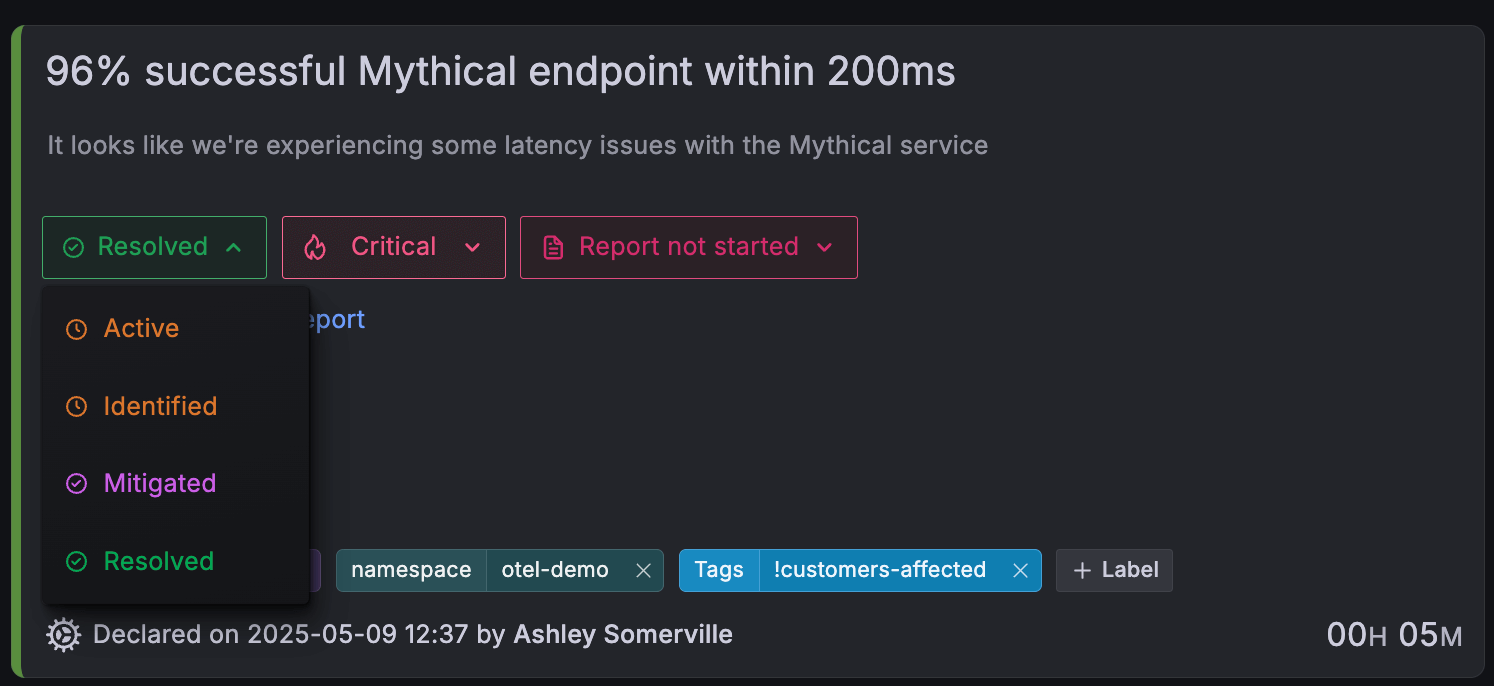 A drop down with Active, Identified, Mitigated, and Resolved options