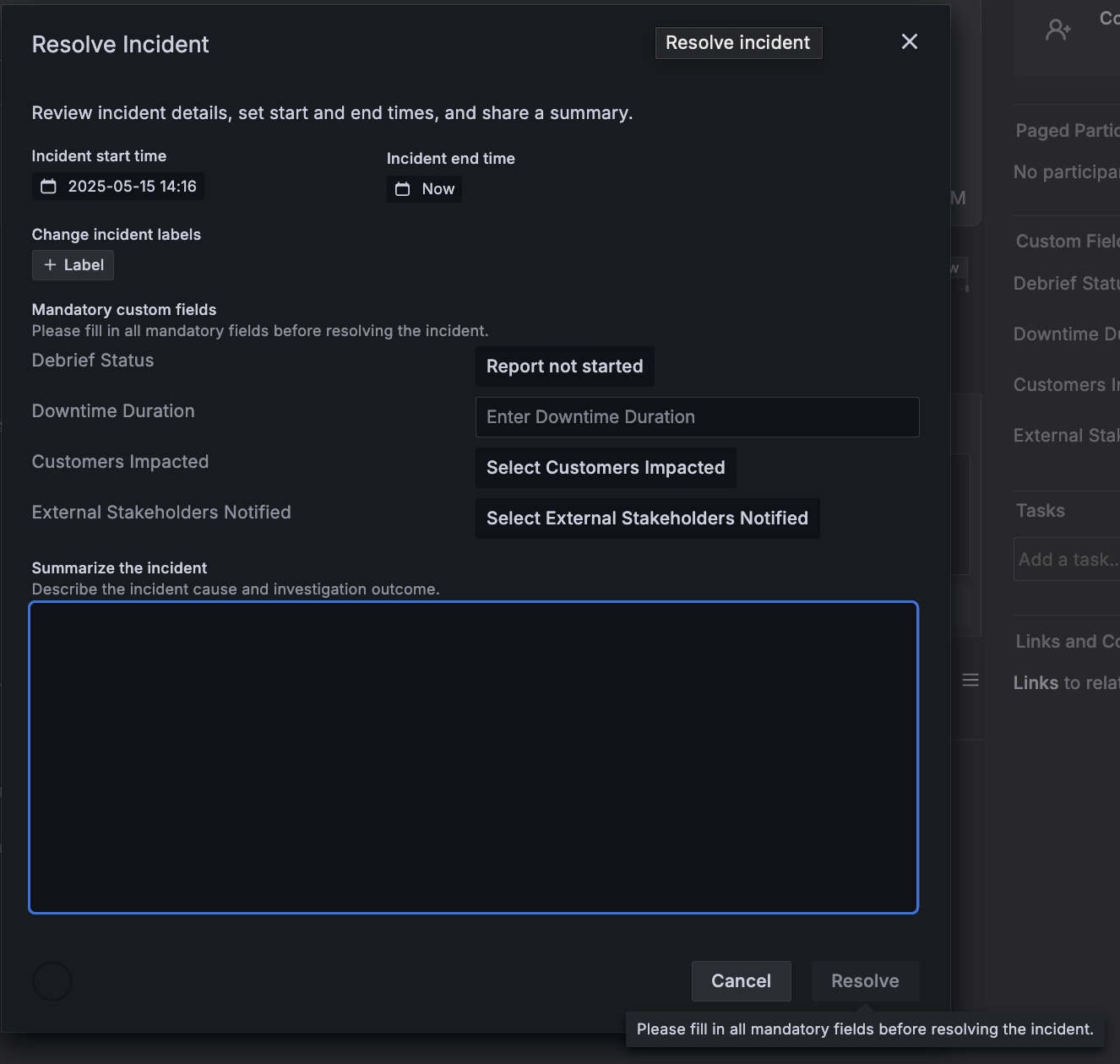 Resolve incident menu, with a text box highlighted to summarize the incident
