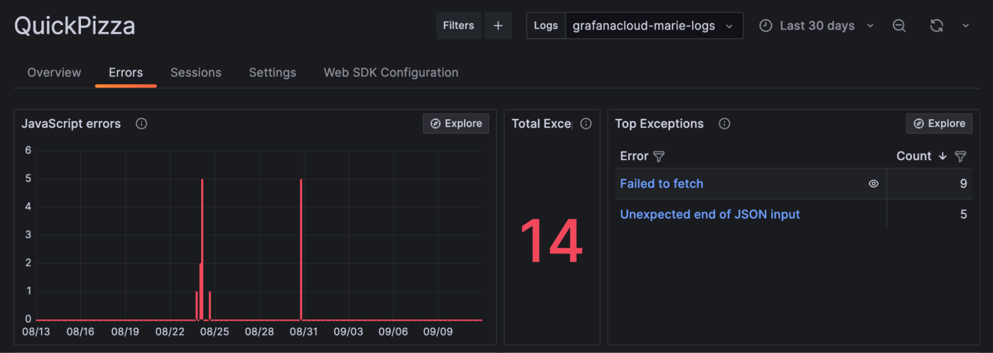 *Grafana Faro collects JavaScript errors and top exceptions from the QuickPizza app.* A screenshot of an error in the QuickPizza demo web app.