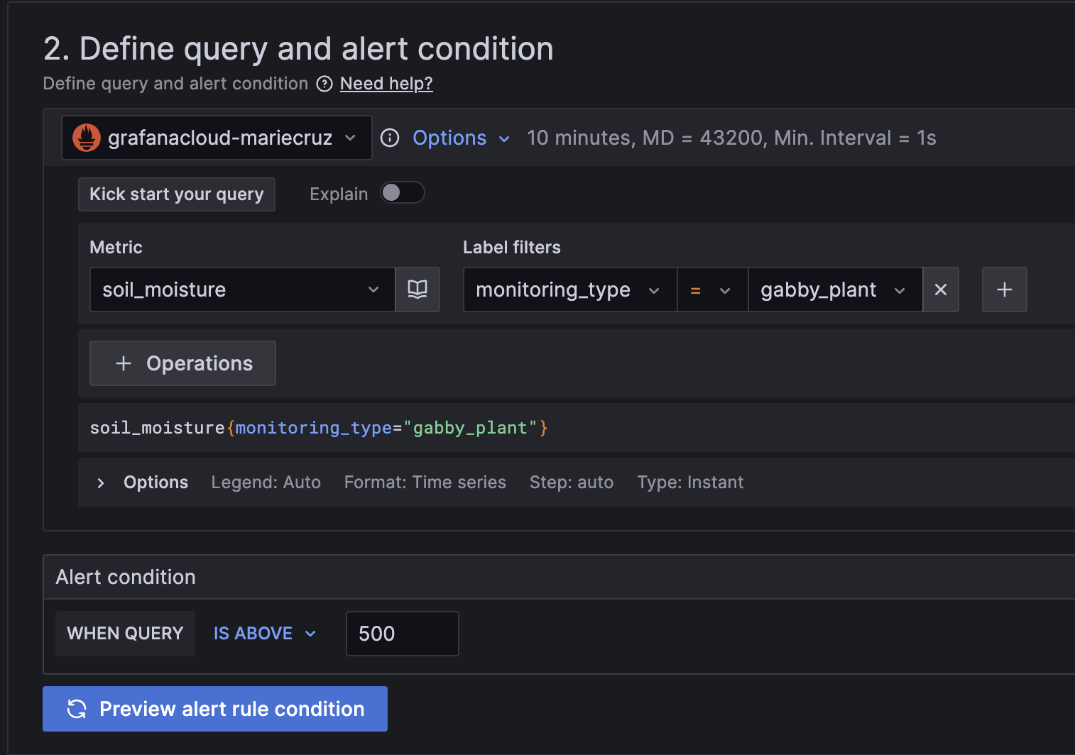 A screenshot of the alert rule conditions for our soil moisture sensor project.