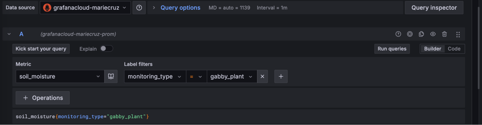 A screenshot of the metric and label values for the Prometheus query.