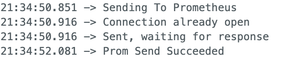 A screenshot of serial monitor logs showing the data is sent to Prometheus.