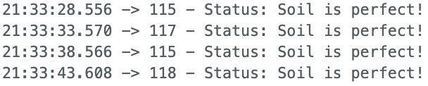 A screenshot of serial monitor logs when the soil is wet.
