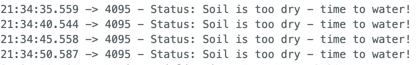 A screenshot of serial monitor logs when the soil is dry.
