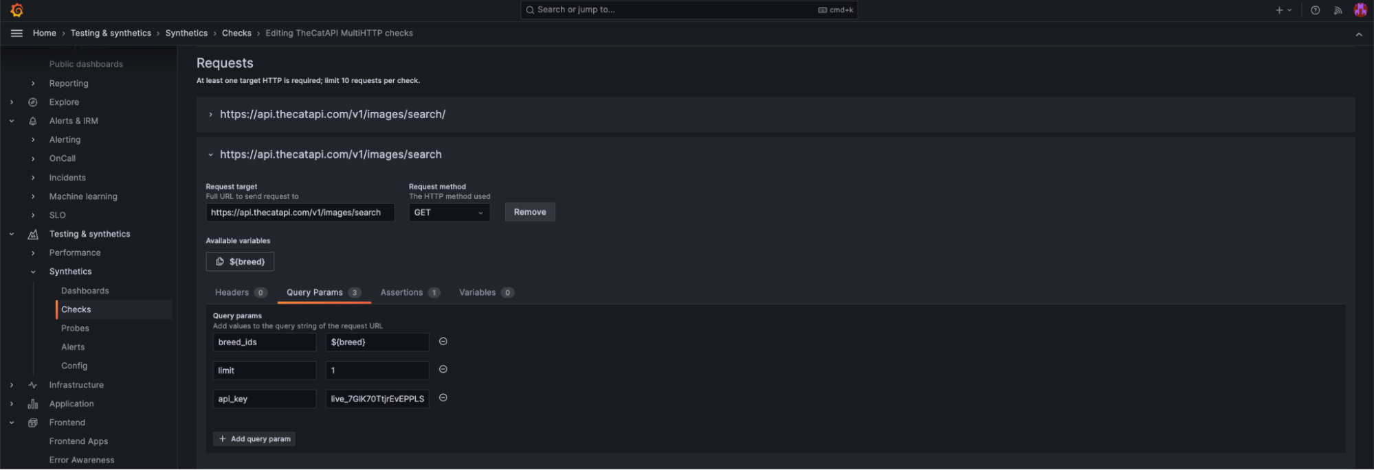 The final screenshot in a series of three showing MultiHTTP checks in Synthetic Monitoring