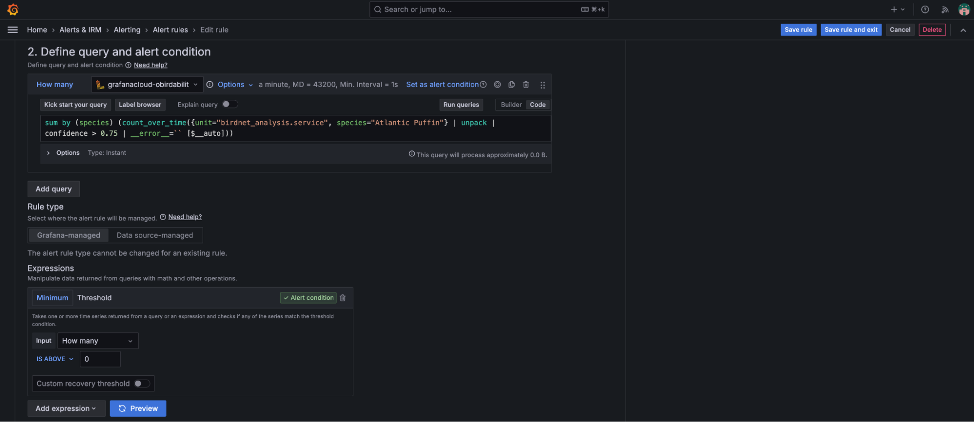 Define query and alert conditions menu