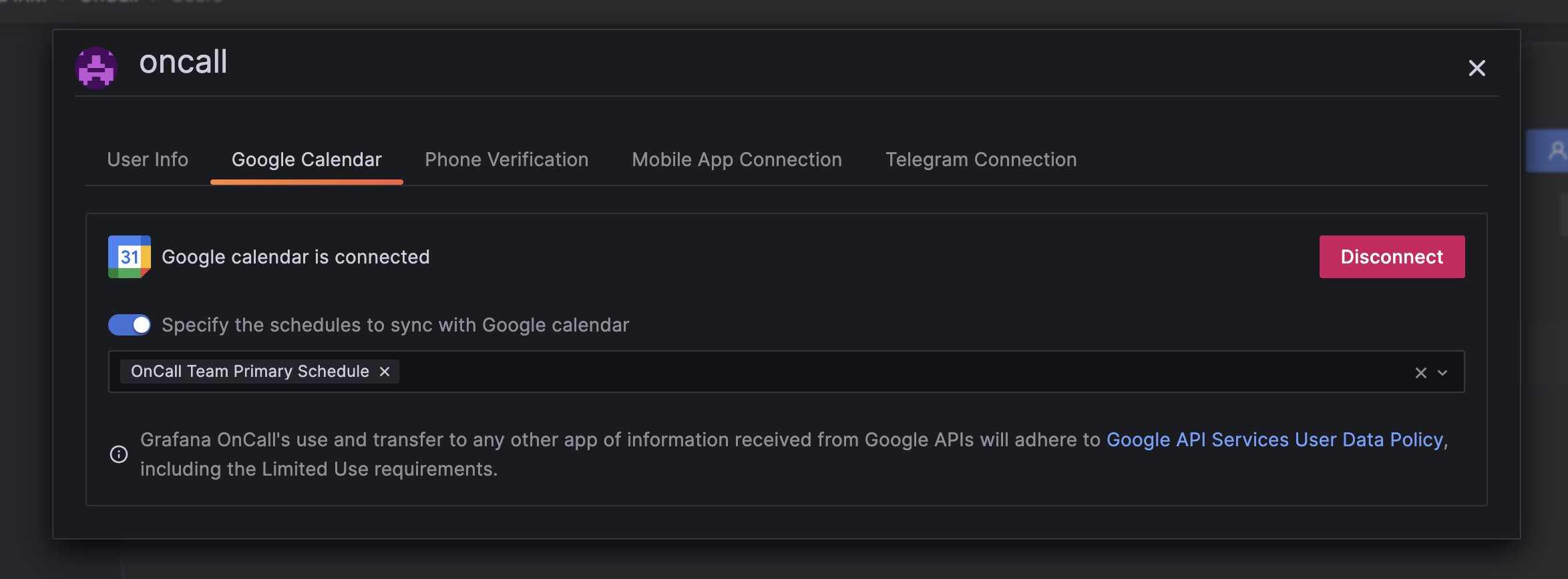 Specify schedule sync option in Google Calendar tab