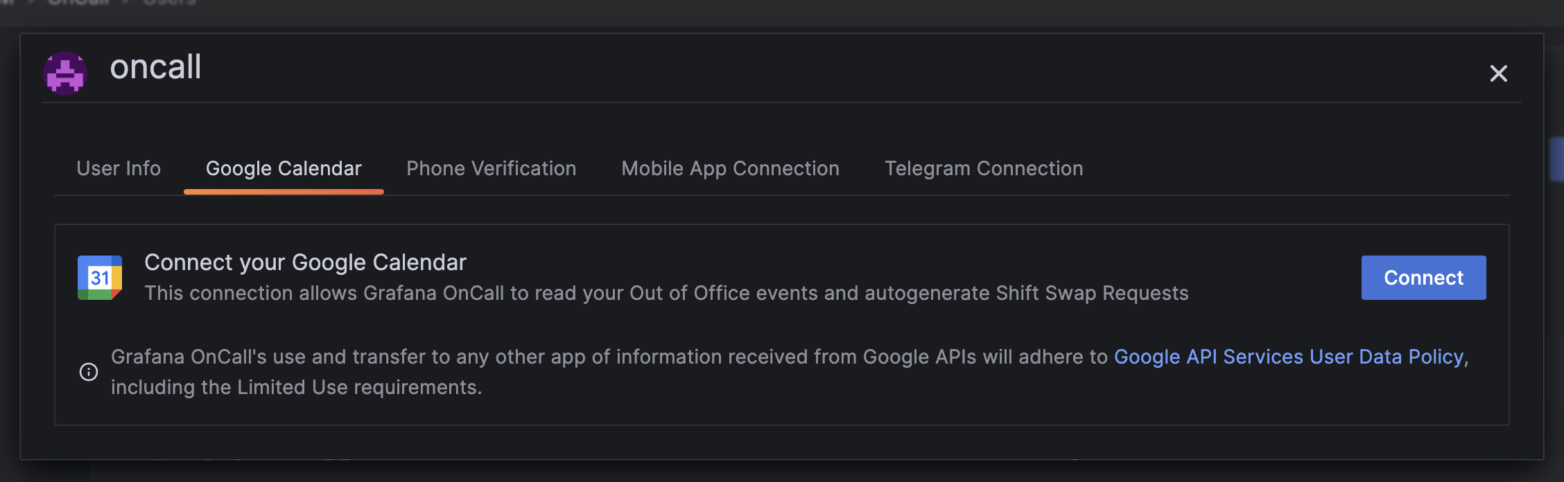 Google Calendar tab in Grafana OnCall asking to connect with the services