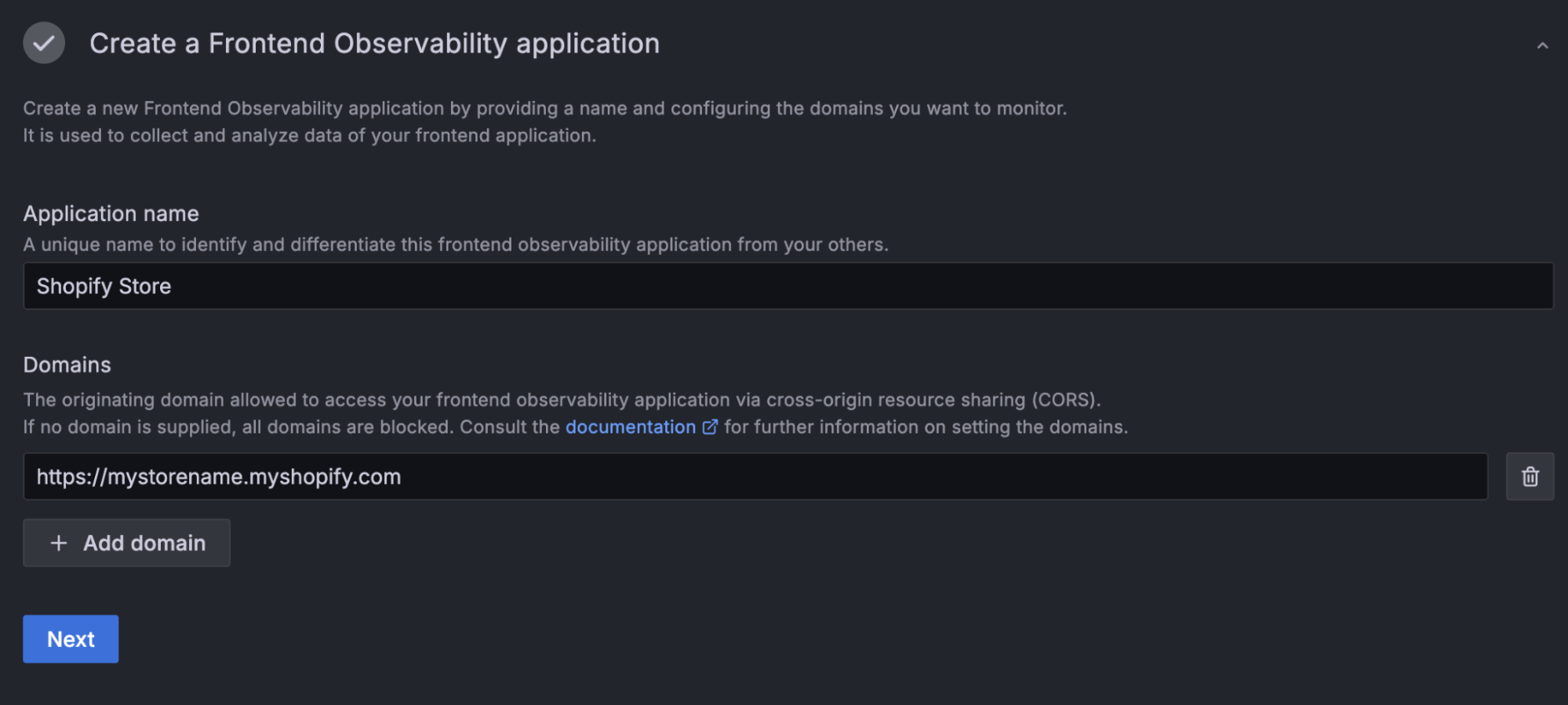 A screenshot showing where you specify application name and domain in Frontend Observability.