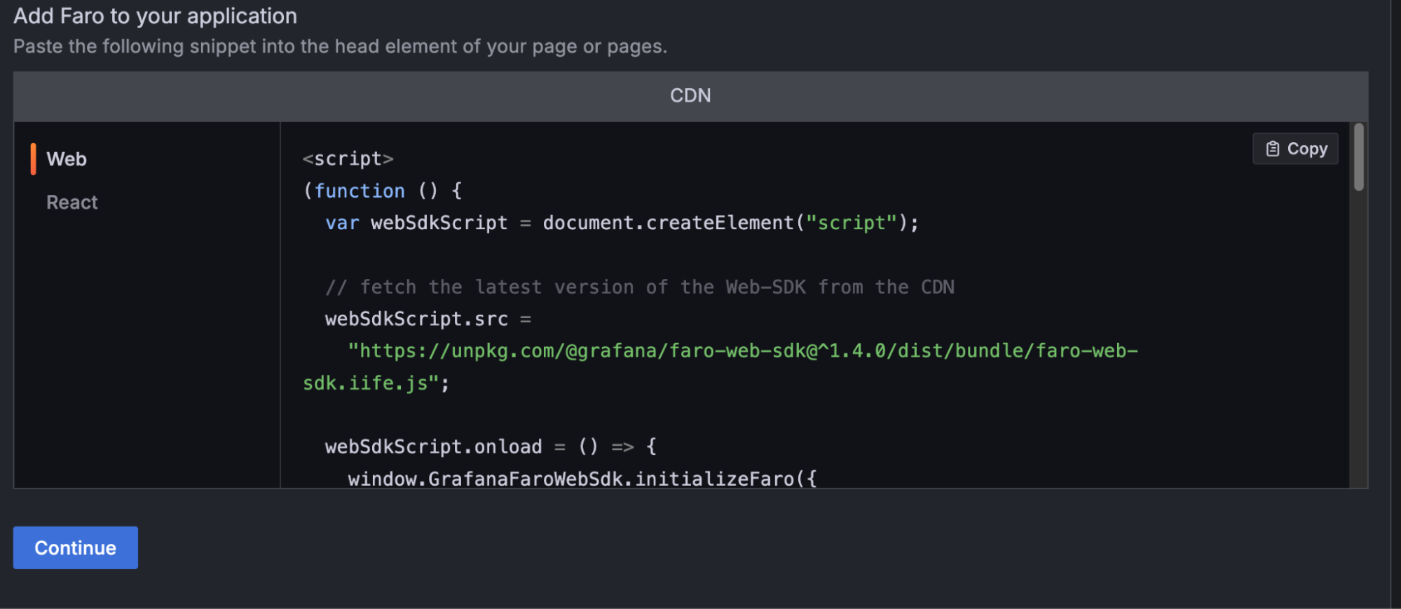 A screenshot of the pre-configured code snippet from the Faro Web SDK config.