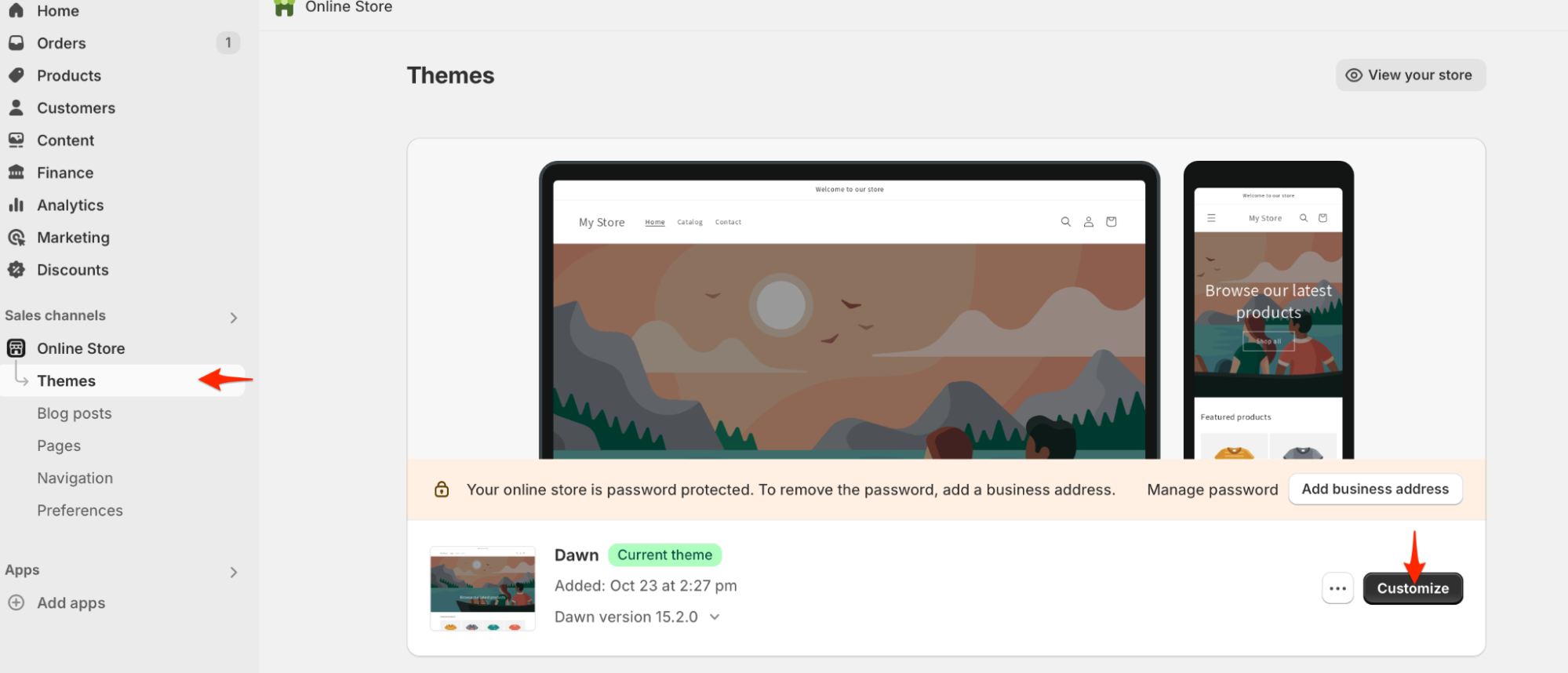 A screenshot of where to find Themes in the Shopify UI.