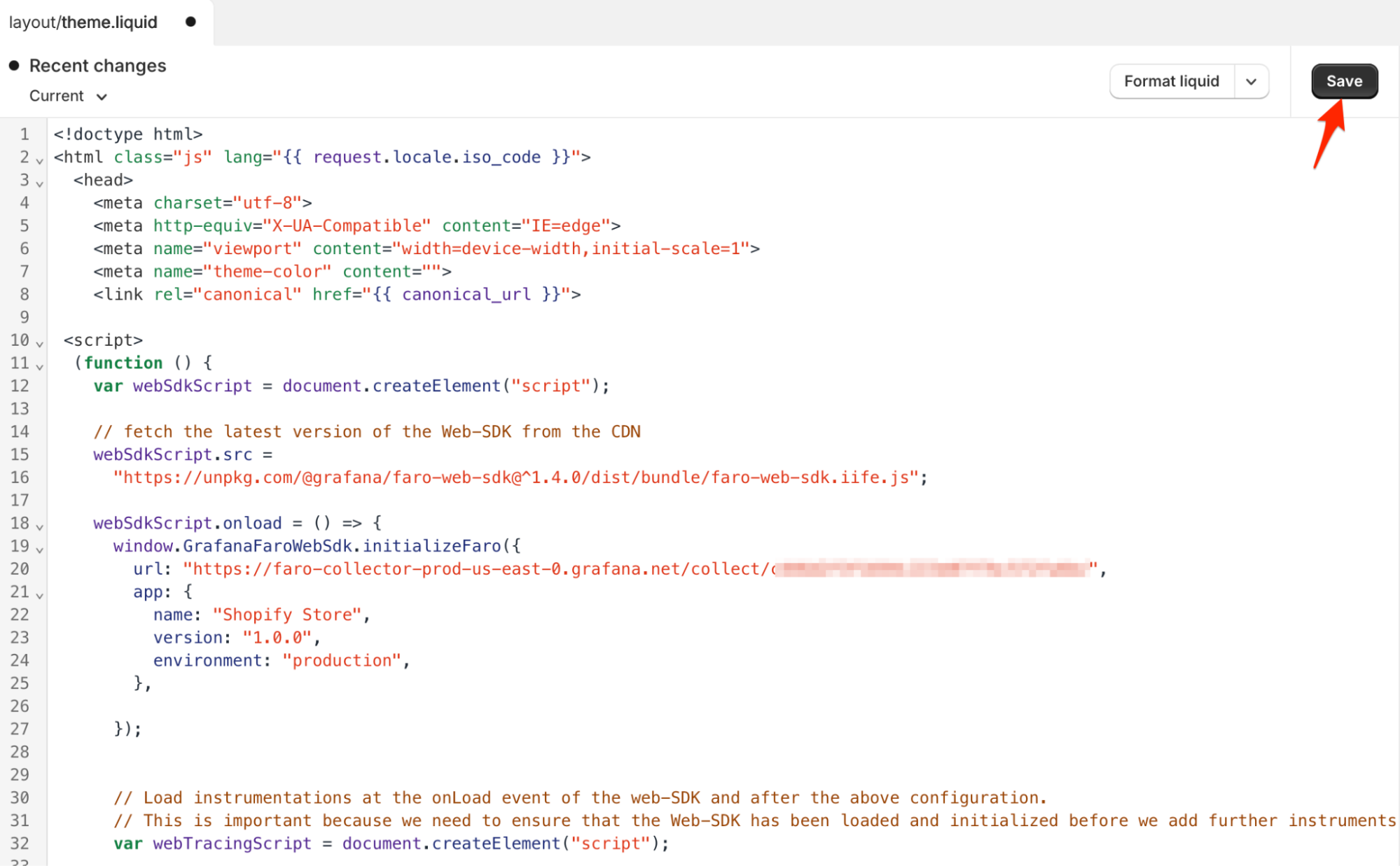 A screenshot showing where to save the theme liquid file.