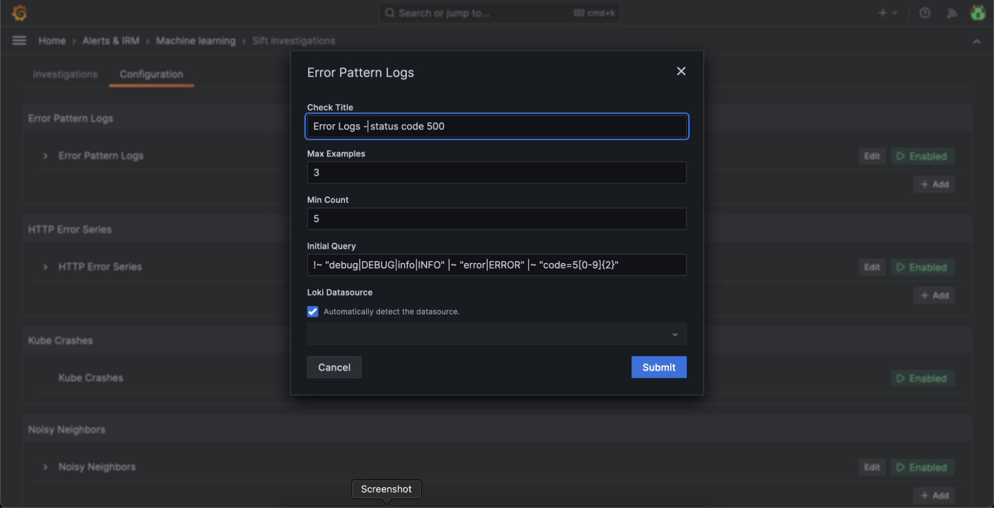 *The configuration page for a Sift check allows you to customize checks for your setup.* Sift check configuration for error pattern logs