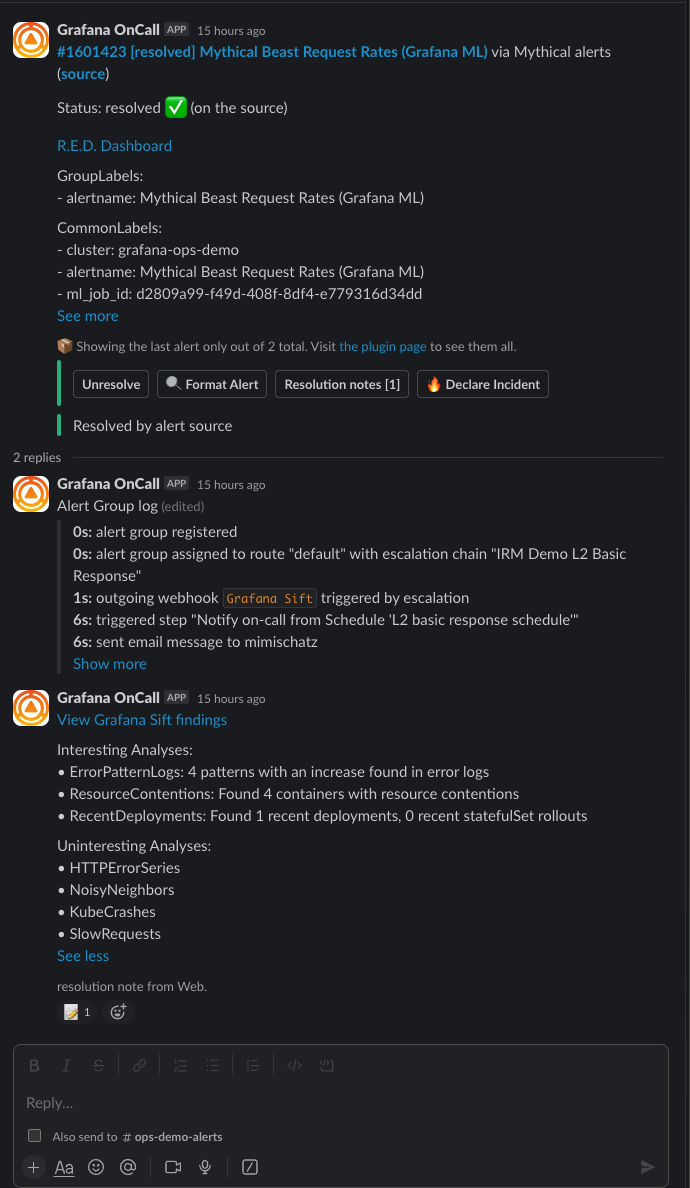 *The Grafana OnCall webhook sends Sift investigation results directly into Slack.* Sift investigation results shared directly into Slack.