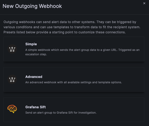 *Easily set up a Grafana OnCall webhook to trigger Sift investigations.* Grafana OnCall webhook to trigger Sift investigations