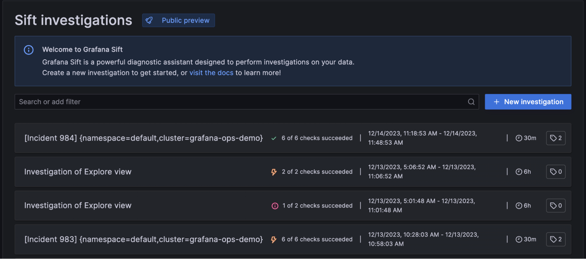 *The new Grafana Sift homepage lists your investigations.* Grafana Sift homepage with lists of investigations