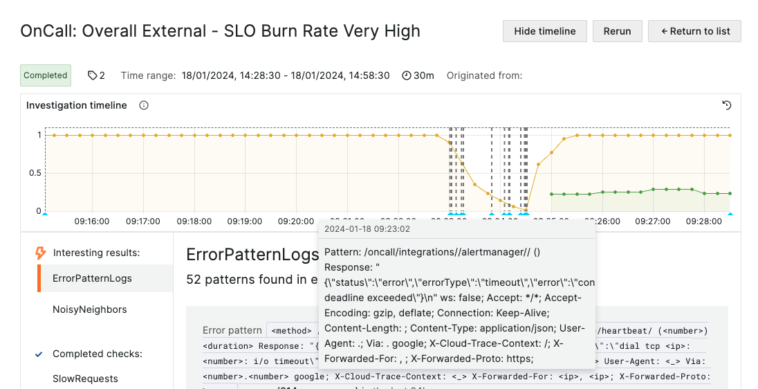 *Visualize the impact of an issue with the investigation timeline.* Investigation timeline